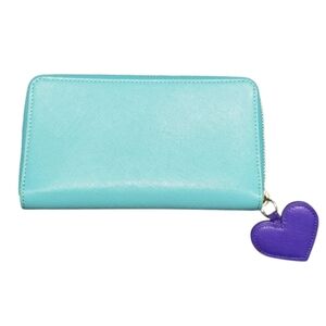 Talbots Women's Tiffany Blue Leather Zip Around Wallet With Heart Zipper Pull